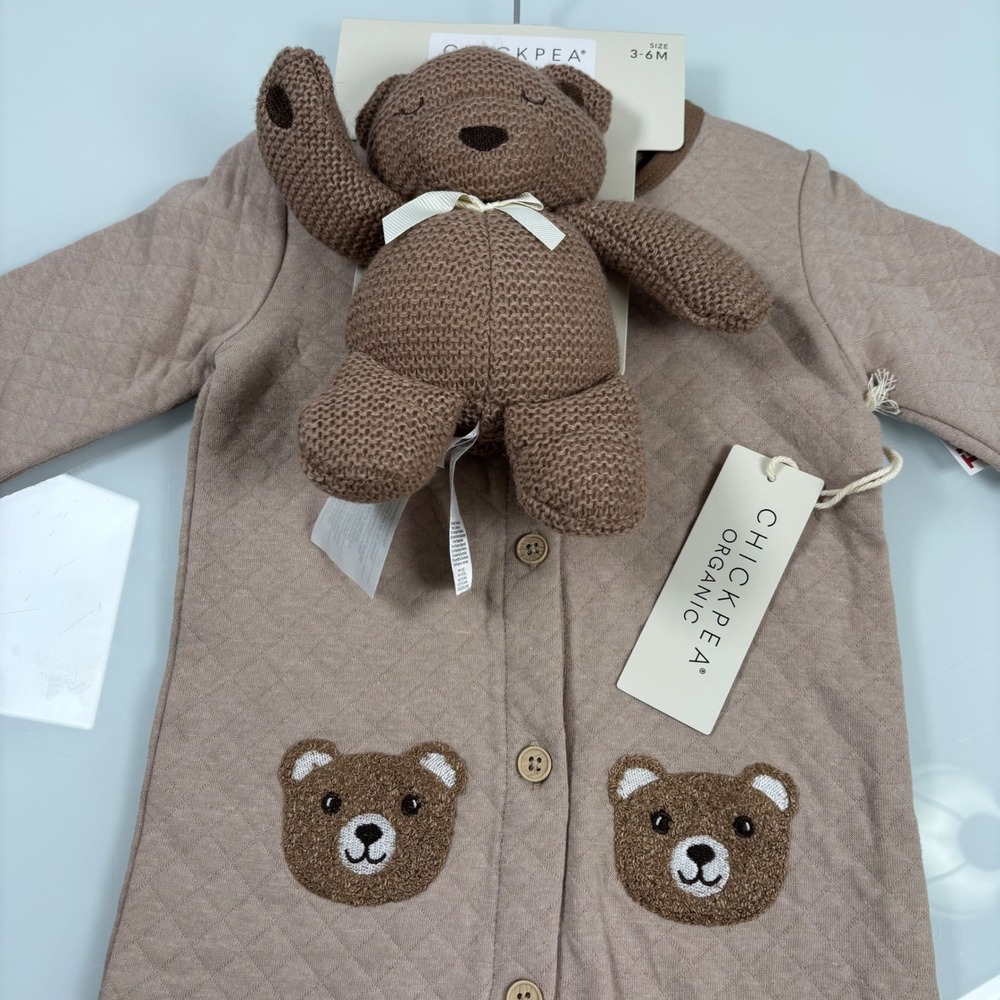 Chickpea Organic Kids 3-6M Tan Quilted Bear Footed Sleeper NEW With Plush Toy